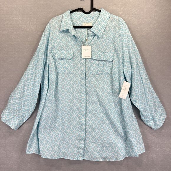 Charter Club Luxury Women’s 100% Linen 2X Blue Pattern Roll tab Sleeve Button Up - Picture 1 of 12